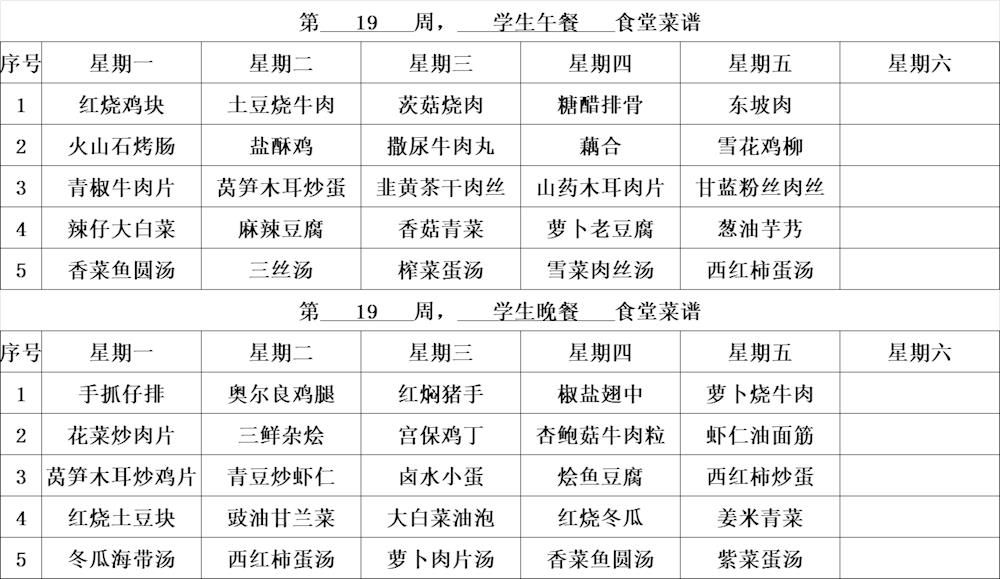 2024-2025學(xué)年第一學(xué)期第十九周學(xué)生食譜及學(xué)生食堂主食材帶量清單