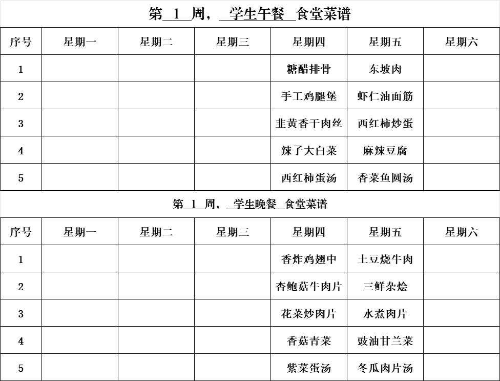 2024-2025學年第二學期第一周學生食譜及學生食堂主食材帶量清單