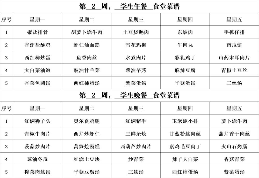 2024-2025學年第二學期第二周學生食譜及學生食堂主食材帶量清單